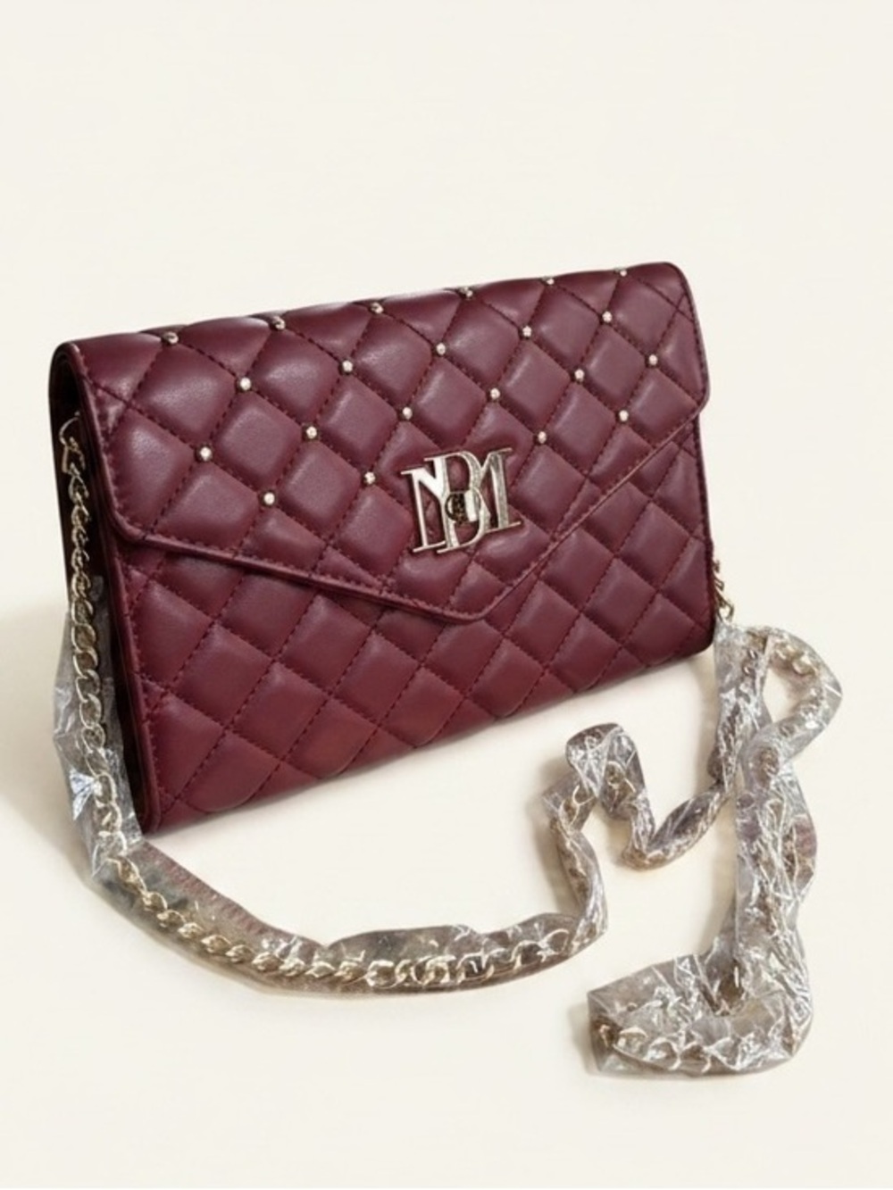 Badgley Mischka Wine Quilted Crossbody Clutch Gold Studs Chain Strap NWT